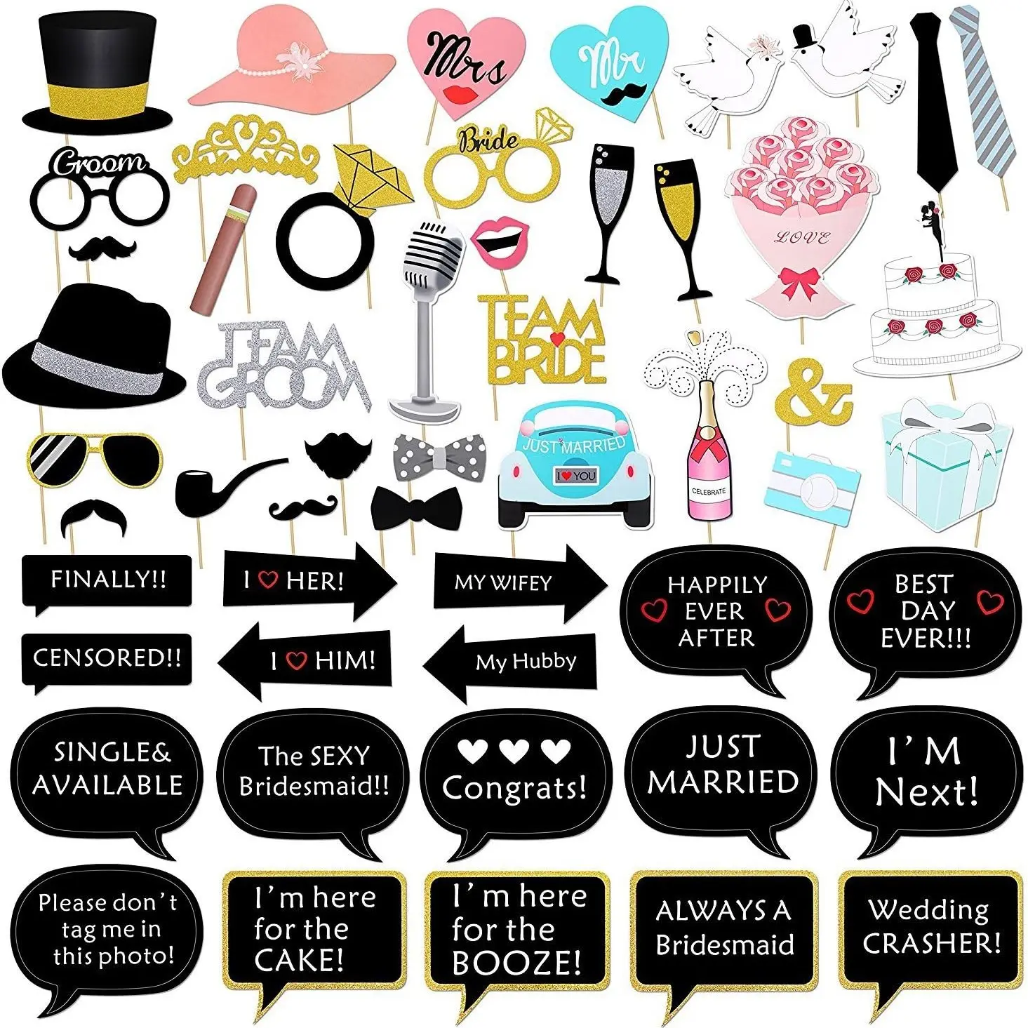52pcs Wedding Photo Booth Props Set, Bride Gift Party Supplies, Perfect for Bridal Shower & Wedding Events, Fun Photography Accessories, Party Decoration Supplies, Party Favor, Party Accessory