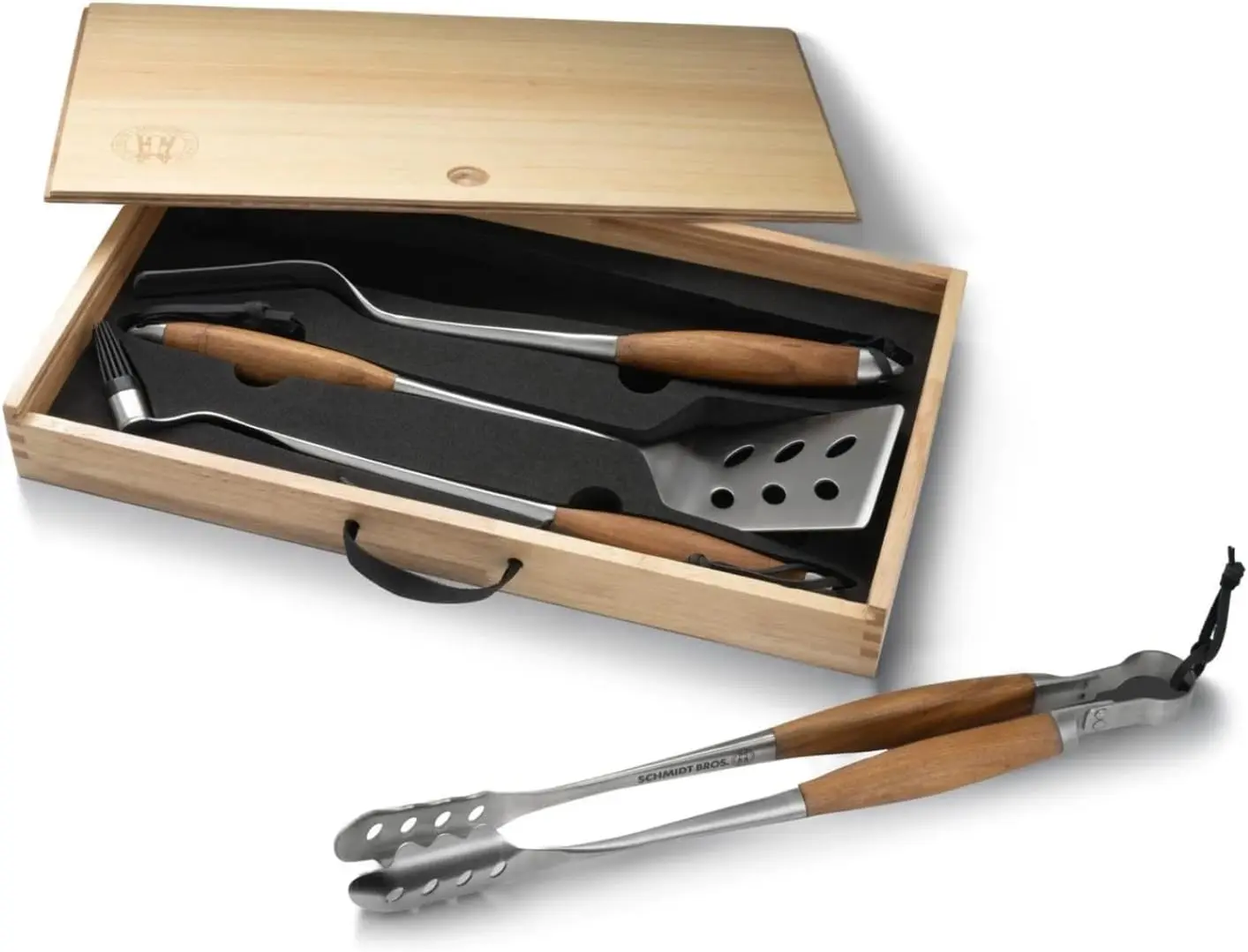 Schmidt Brothers 4-Piece BBQ Bonded Teak Grilling Accessory Set - Full-Forged Stainless Steel Utensils: Spatula, Fork, Basting Brush, Tongs with Wood Handles