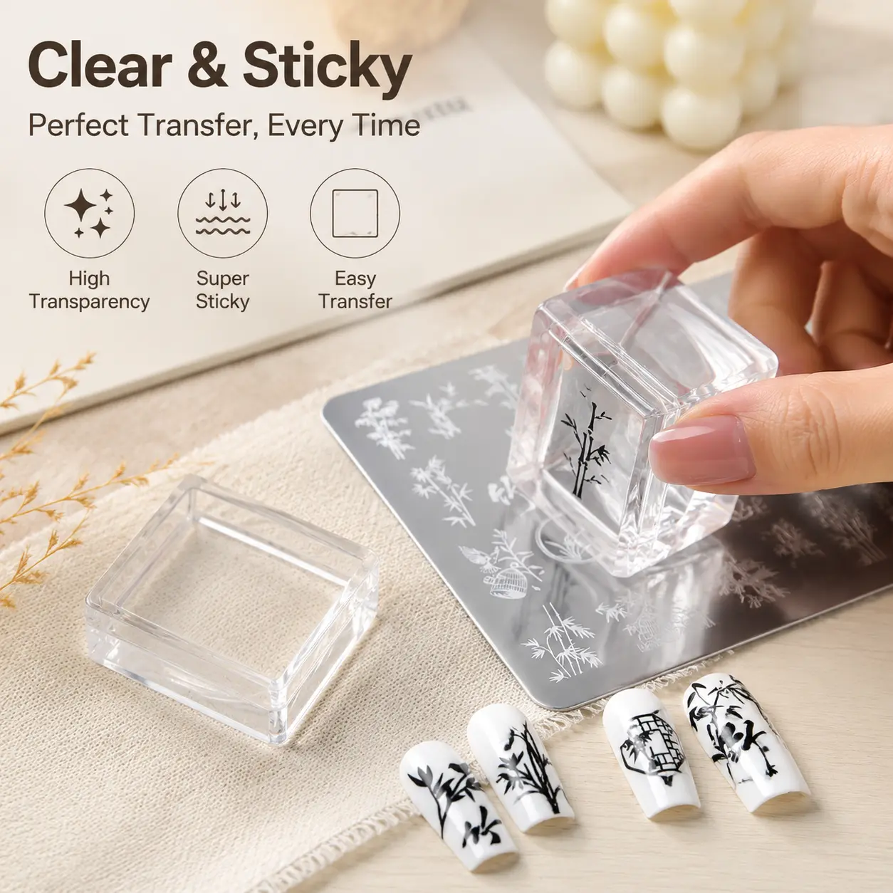 1 Count, Transparent Square Silicone Nail Art Stamper with Clear Hard Shell, for Pattern Transfer DIY Home Manicure Use