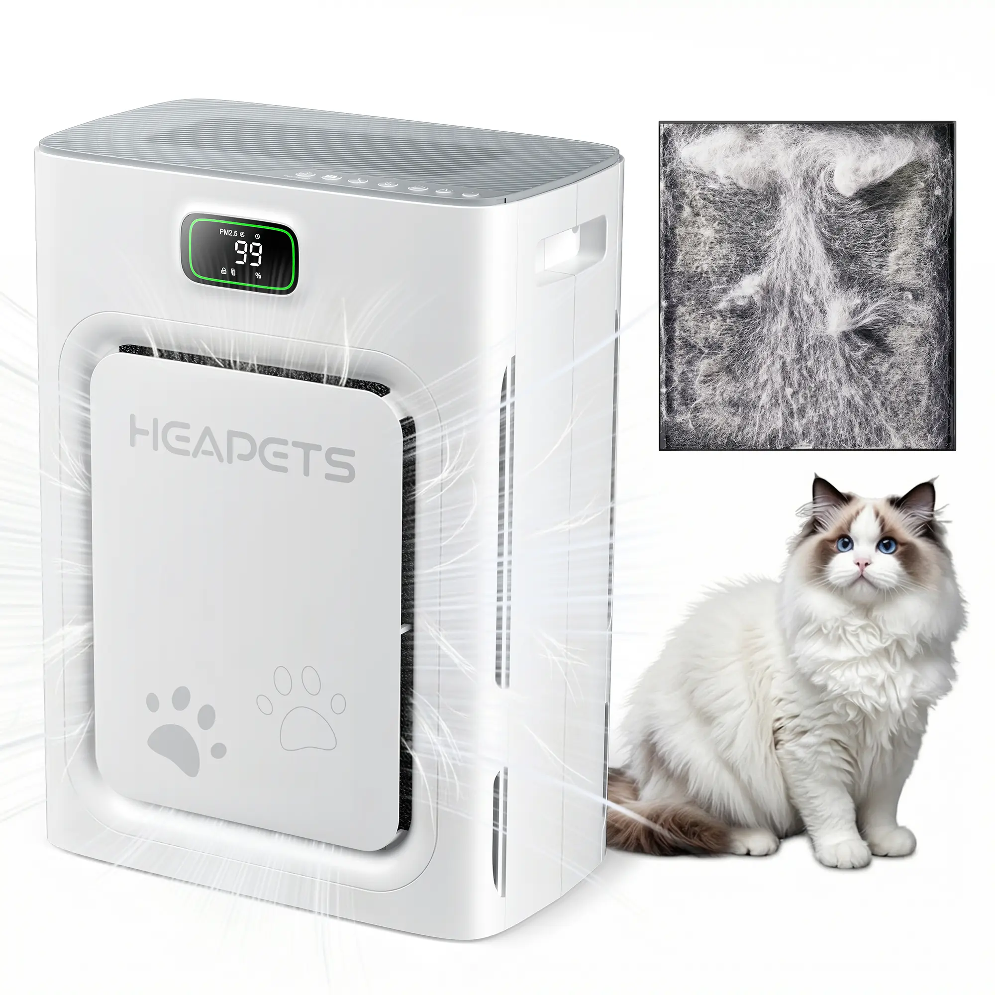 【2026 New Arrivals】Heapets P358 Pet Purifier for Home Large Room (Up to 2500 sq ft), H13 HEPA Double-Sided Filter, Cleaner for Pet Hair, Dander, Odor, Allergens, PM2.5, with Quality Monitor, Auto Mode, 5 Speeds, Ce, Apartment, Modern Family, Hair Removal,