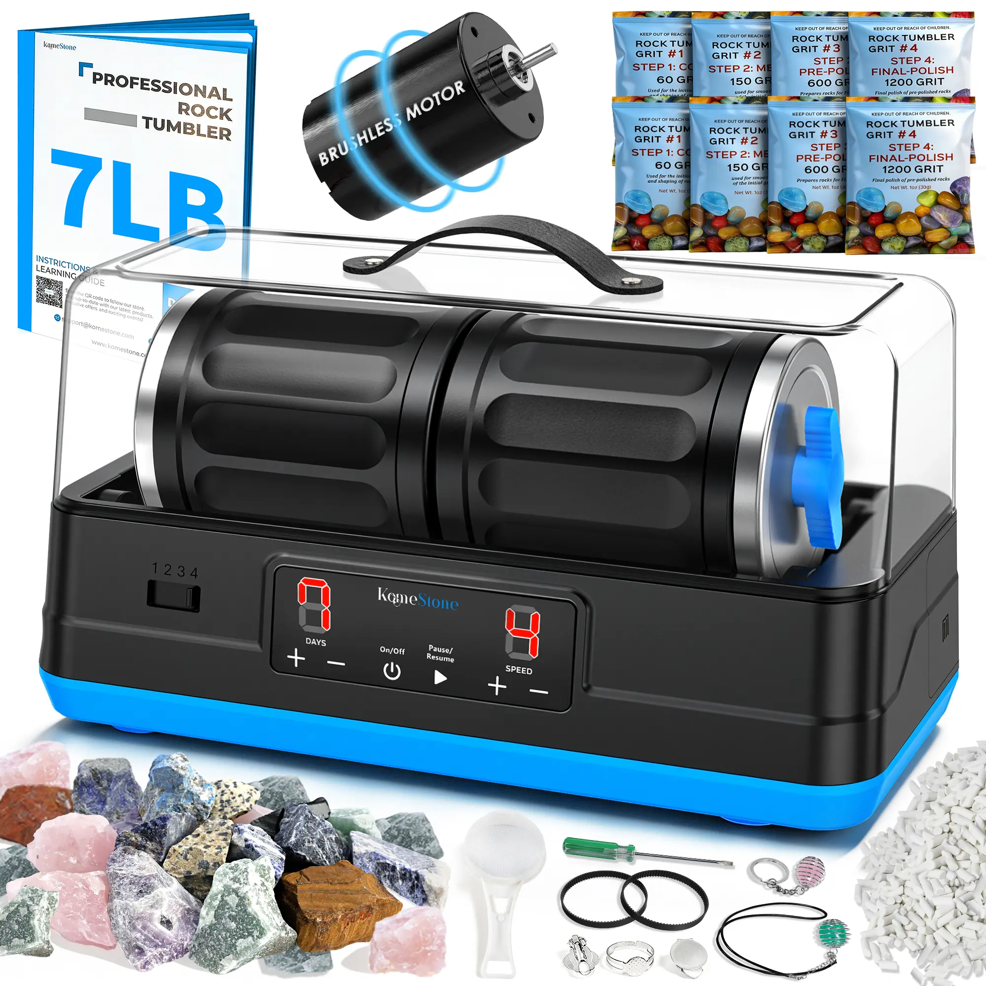 KomeStone Ultra Quiet Brushless Rock Tumbler Kit – 7LB Dual Barrel Polisher with Noise-Canceling Cover, Complete Gemstone & Jewelry STEM Set for Adults & Gift
