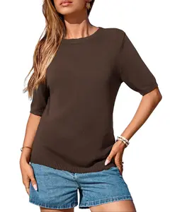 BTFBM Women's Lightweight Short Sleeve Sweater Crew Neck Knit Pullover Loose Fit Casual Basic Top