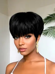 pixie cut human hair wigs short straight human hair wig machine made for women daily party cosplay gift use Party holidays gift wig pixie cut wig ﻿brown burgundy natural black color Layered Cut Wig