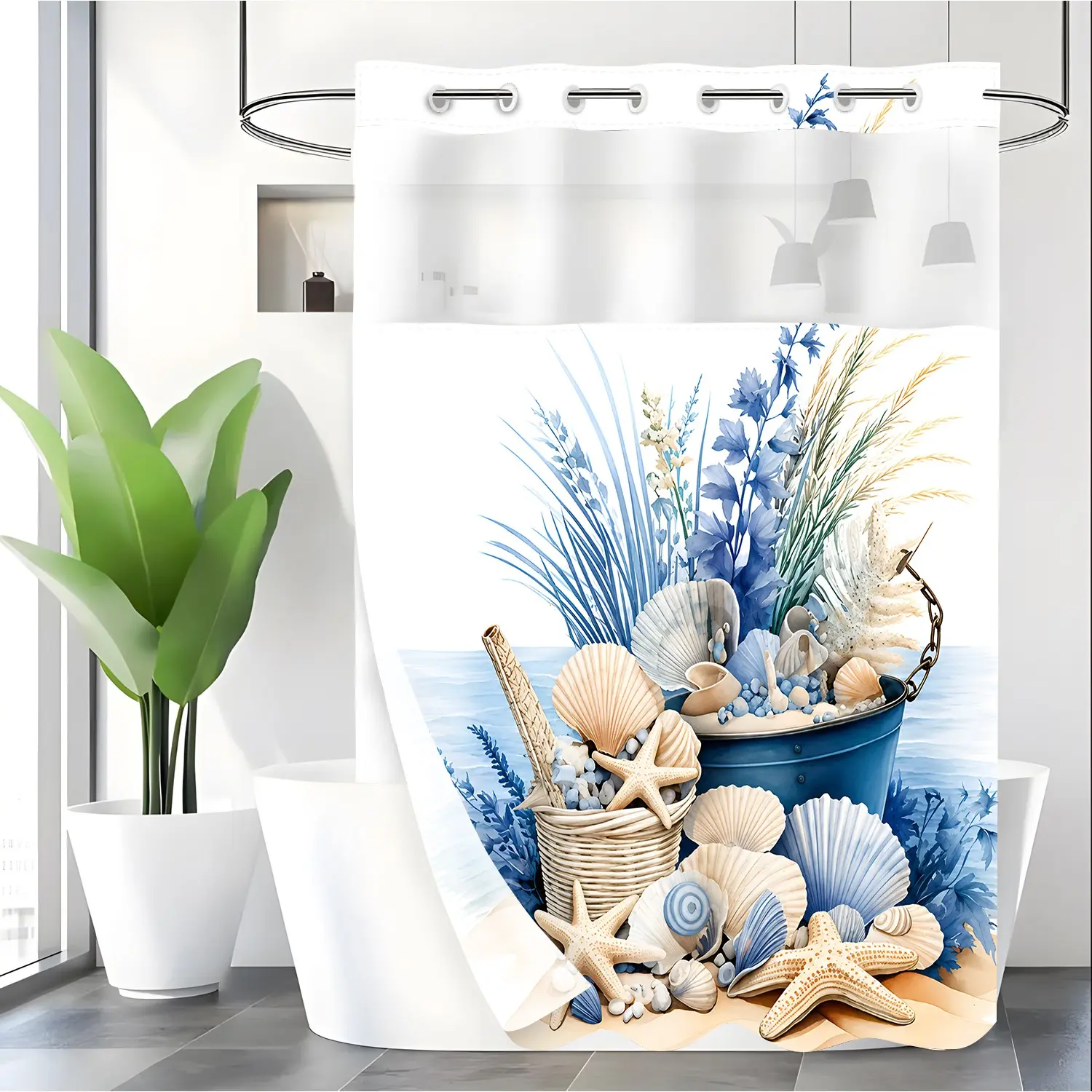 LVRLVR 1pc Coastal Nautical Blue Seashell Starfish Summer Bathroom Shower Curtain, Beach Watercolor Print, Sheer Top Window, Detachable Liner & No Hook C-Ring, 70.8" x 74"