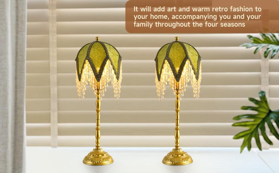 Vintage Tasselled Table Lamp with Beaded Shade, 3 Color Temperatures, Green and Gold, Victorian Style-C