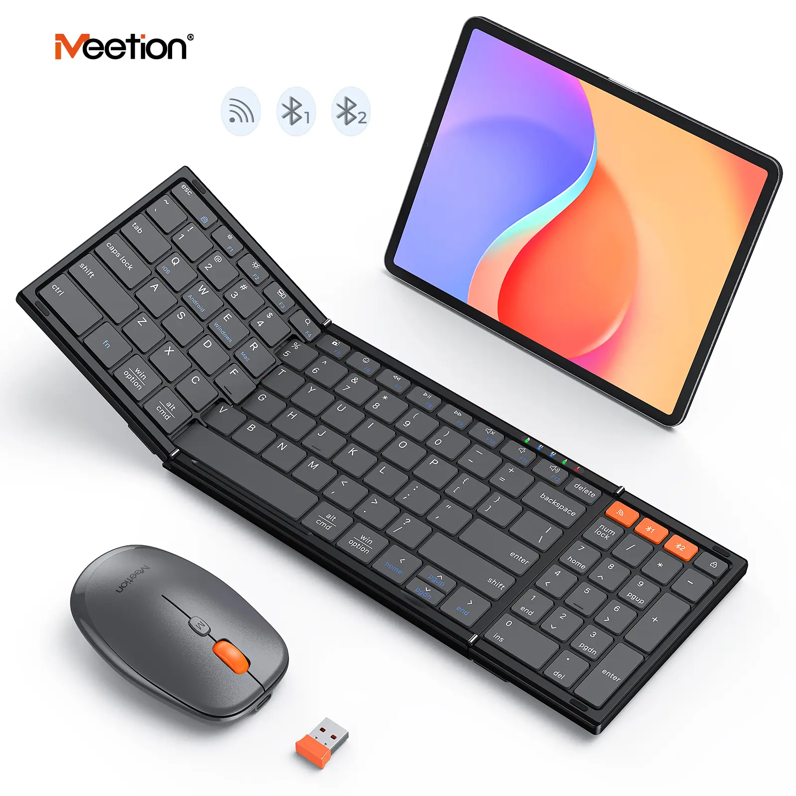 MEETION Foldable Keyboard and Mouse, Folding Portable Wireless Keyboard Mouse, Full Size Rechargeable 2.4G+Dual Bluetooth Keyboards Combo for Business Travel, for Windows/Mac/iOS/Andriod, iPad/Laptop