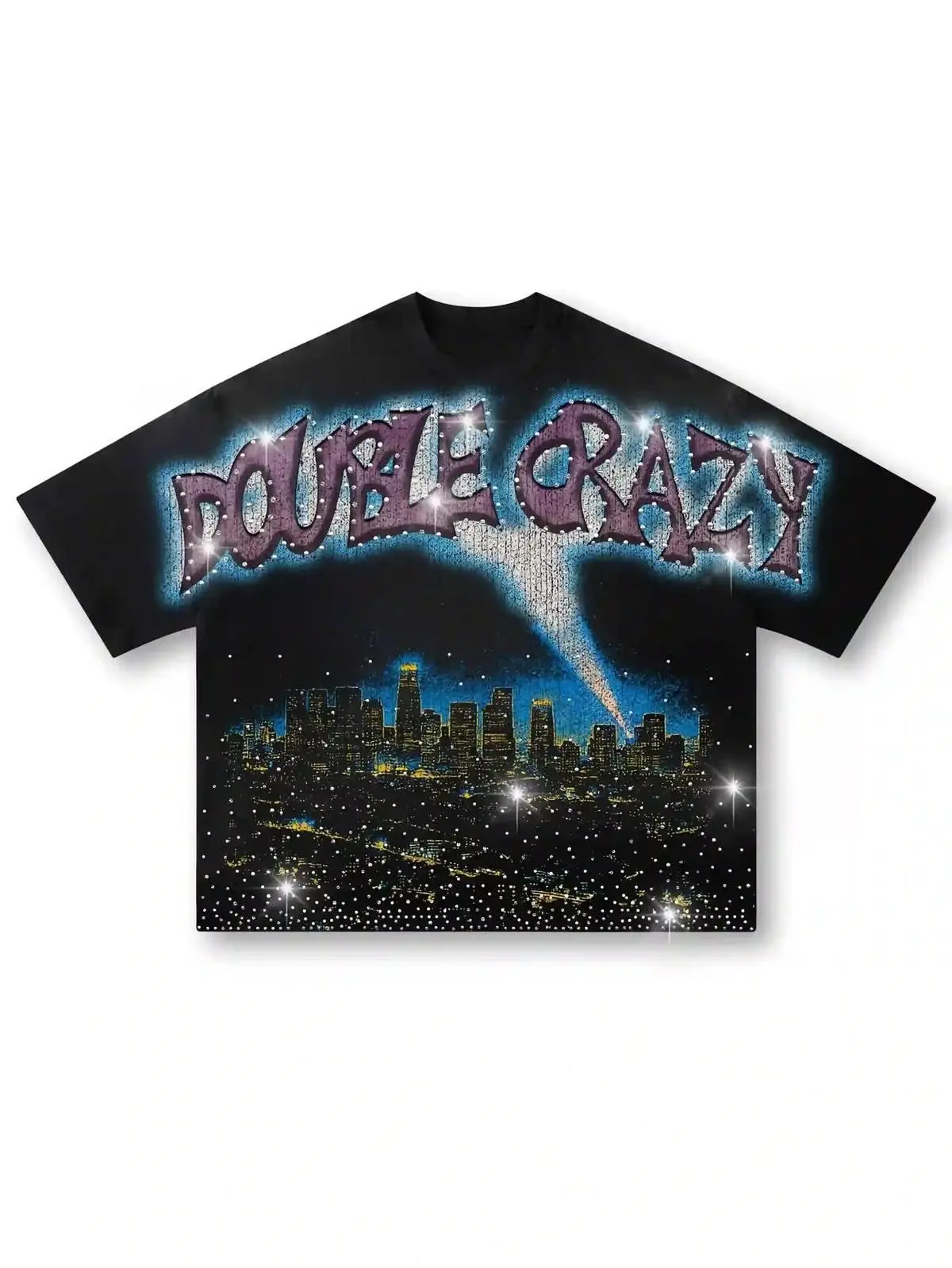 [NO RHINESTONES] Y2K Streetwear Sparkle Graphic Tee Unisex Oversized Black Short Sleeve T-Shirt Premium Cotton Blend Heavyweight Glitter City Skyline Print Hip Hop Retro Casual Top Gift