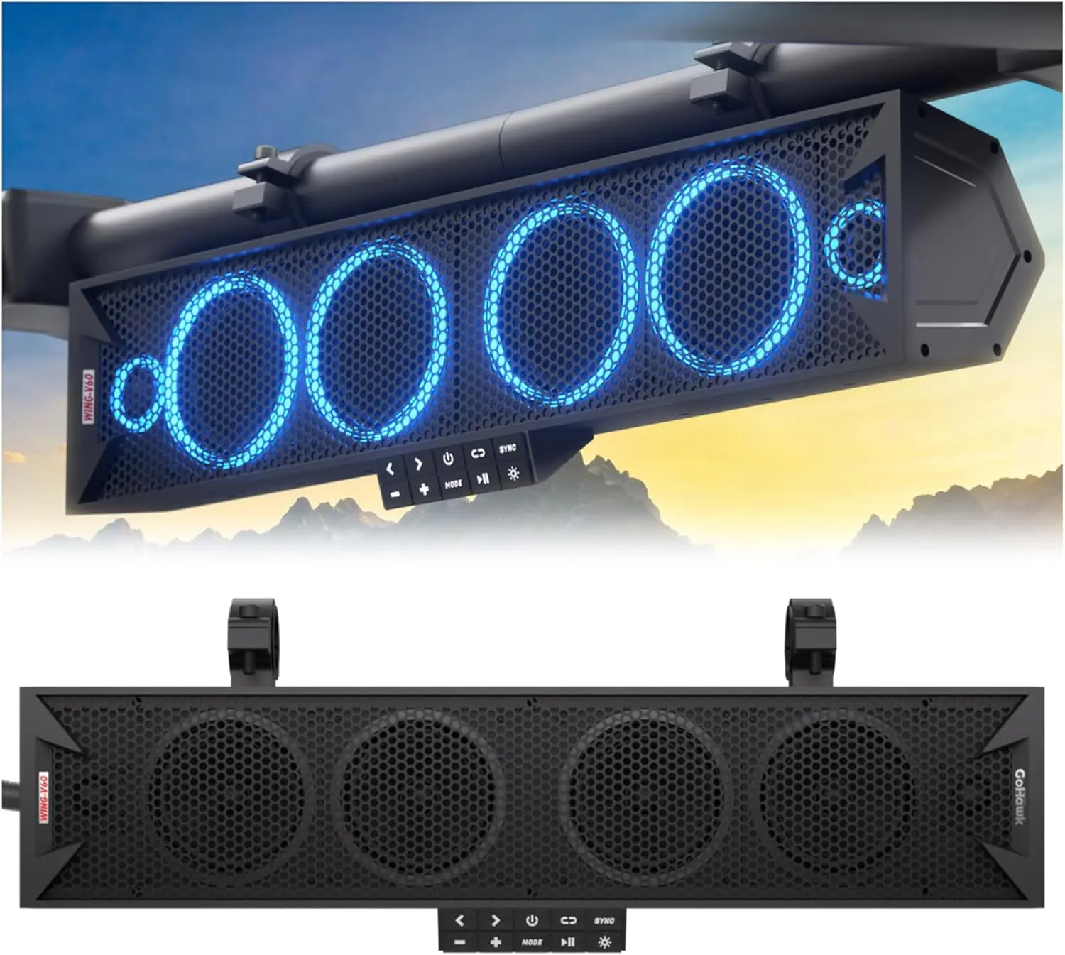GoHawk 25 Inch UTV Sound Bar, 6-Speaker Bluetooth ATV Sound Bar with RGB Lights, IP66 Waterproof SXS & Golf Cart Sound bar Compatible with Polaris RZR Can-Am w/FM Radio, Fits 1.5"–2.25" Roll Cages