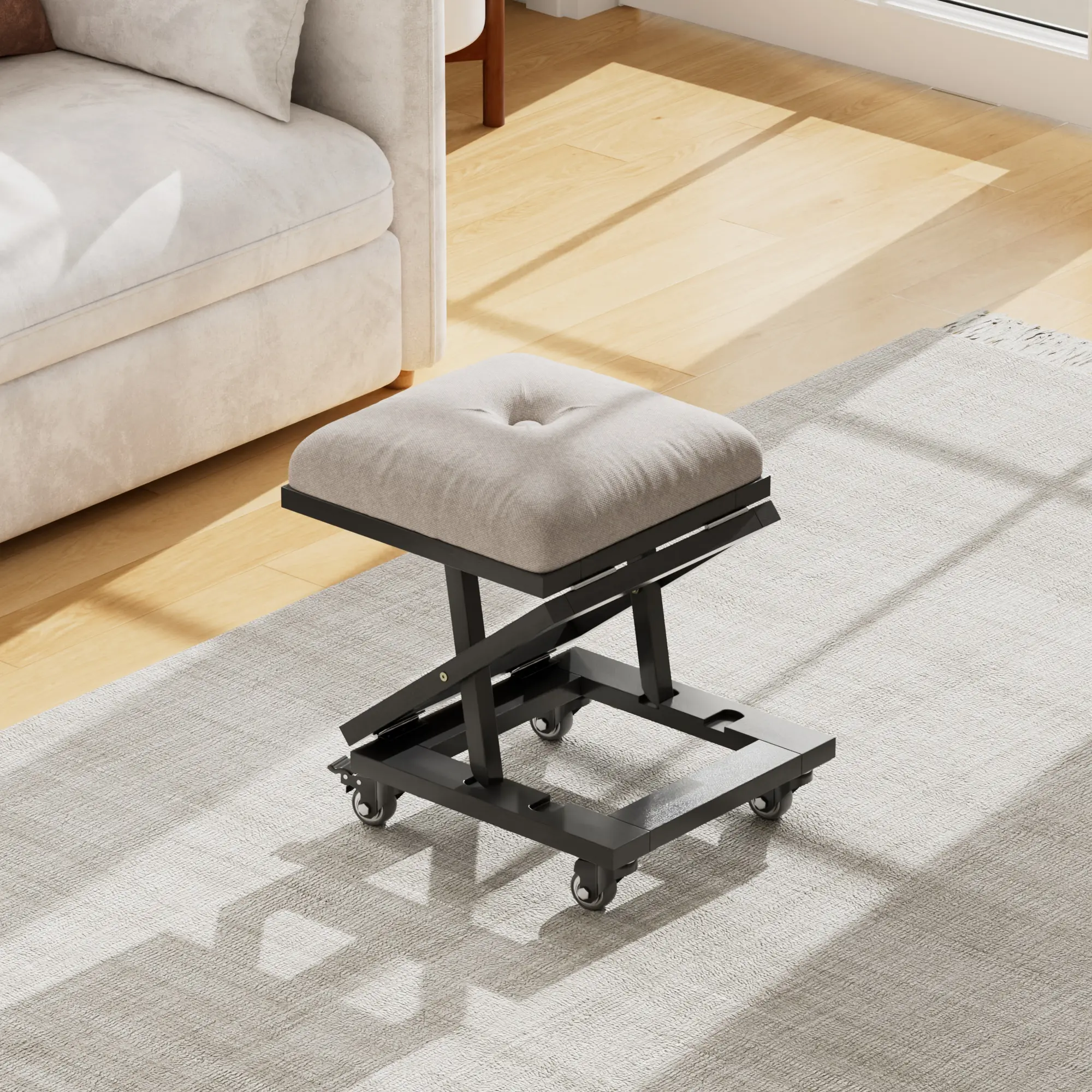 VECELO Foldable Under-Desk Footrest - 2 Height Levels, Linen Upholstered Folding Ottoman with Wheels, Adjustable Furniture Accessories, Cushioned Rolling Swivel Stool, Ergonomic Flexible Height-Adjustable Office Furniture for Home Office, Living Room, Cus