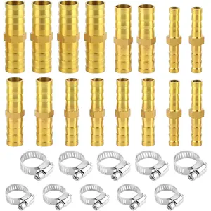 Brass Hose Connector Set 16 Hose Connectors 10 Hose Clamps, for Water Pipe, Air Line, Fuel Line, Oil Line (6 mm/8 mm/10 mm/12 mm)