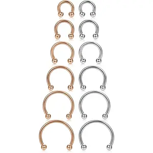 Drperfect 12counts 14-16G Stainless Steel Nose Rings Septum Piercing Cartilage Horseshoe Earring Body Piercing 6MM-16MM Daily