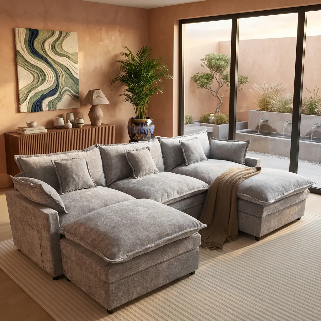 CAODOC 108” U-Shaped Modular Sectional Sofa, 5-Seater Modern Minimalist Chenille Couch with 2 Movable Ottomans, Deep-Seat Living Room Sofa with Enhanced Lumbar Support, Modern Minimalist Couch