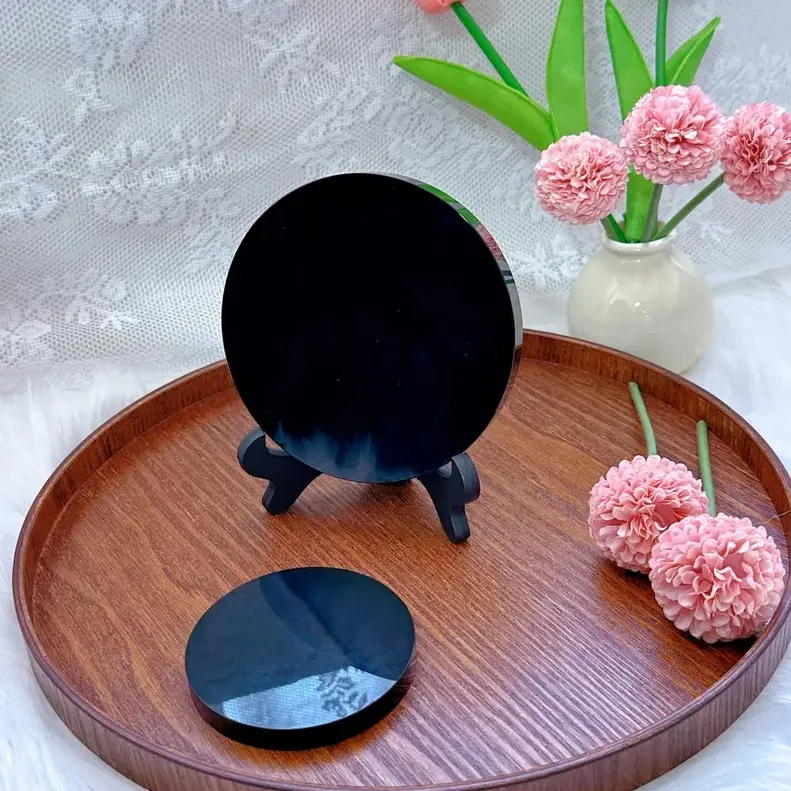Black Obsidian Scrying Mirror with Stand, 80mm Round Crystal Decorative Stone for Witchy Altar Decor, Grounding & Negative Energy Protection, Crystal Decorative Stones, Witchy Things