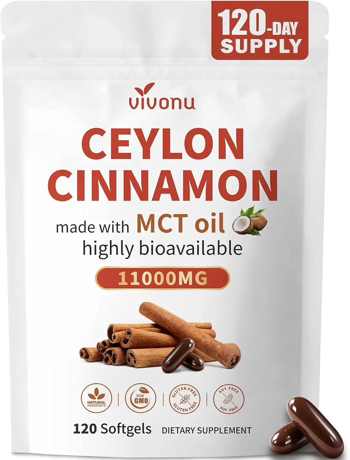 Organic Ceylon Cinnamon Softgels with MCT Oil Liposomal Bioavailable Sri Lankan Cinnamon Extract High Absorption Support Energy Metabolism Daily Wellness Supplement Large Granule Softgels 120 Count 1 Bag