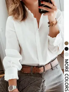 Women's Casual Commuter Office Stand Collar Cute Ruffle Hem Long Sleeve Button Shirt Blouse, Stylish and Comfortable Workwear for Daily Use