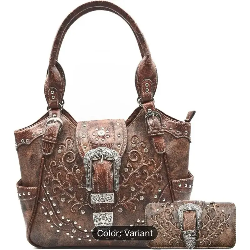 Western Style Tooled Concealed Carry Purse Buckle Country Large Totes Handbag Women Shoulder Bag Wallet Set Brown Classic Functionality