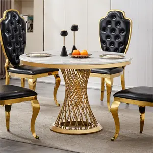 47" Round Marble Dining Table, Modern Kitchen Table with High Gloss Faux Marble Tabletop and Stainless Steel Base for Dining Room, Kitchen (Gold,White)(Only a table)