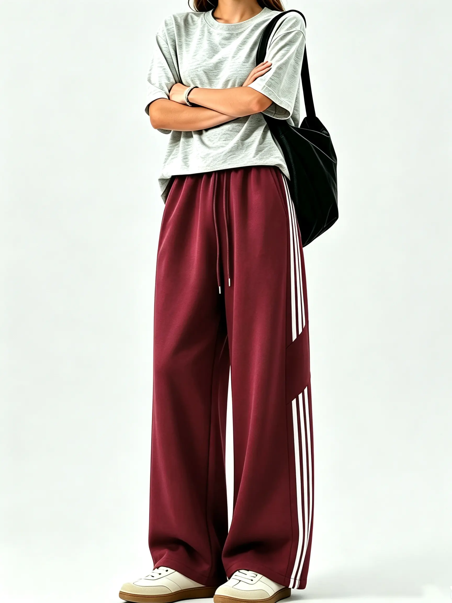 Women’s Wide-Leg Baggy Athletic Sweatpants - Polyester Twill, 3 White Side Stripes, Elastic Drawstring Waist, Loose Fit, Color-Blocked Vertical Stripes, American Vintage Style, All-Season Versatile Bottoms, Built-In Pockets, Baggy Sweatpants, Elastic Wais