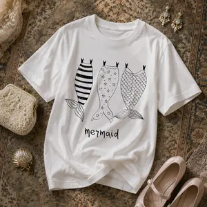 Women's Cute Short Sleeve T Shirt with Mermaid Tail Print Summer Casual Soft Crewneck Tee for Beach Vacation Daily Wear Comfortable Fashion Casual Top for Ladies