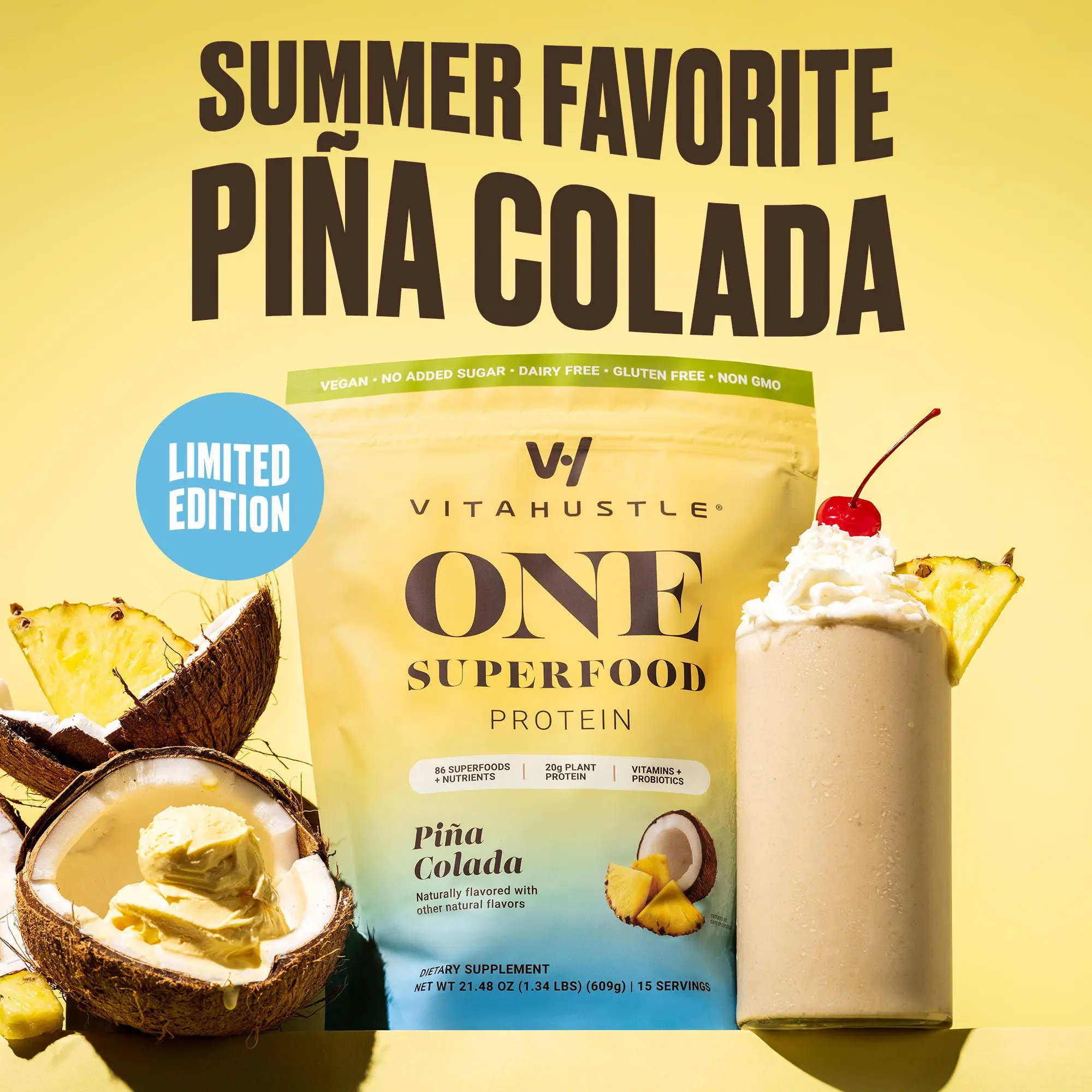 [New] VitaHustle ONE Piña Colada Protein Powder | All-in-One Nutrition Shake 20g Plant Protein + Greens + Vitamins