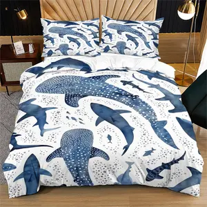Duvet cover with blue-and-white whale and shark patterns, featuring a fresh marine style. It comes with a soft and comfortable bedspread and pillowcases, suitable for decorating bedrooms and guest rooms. Soft Bedding Set