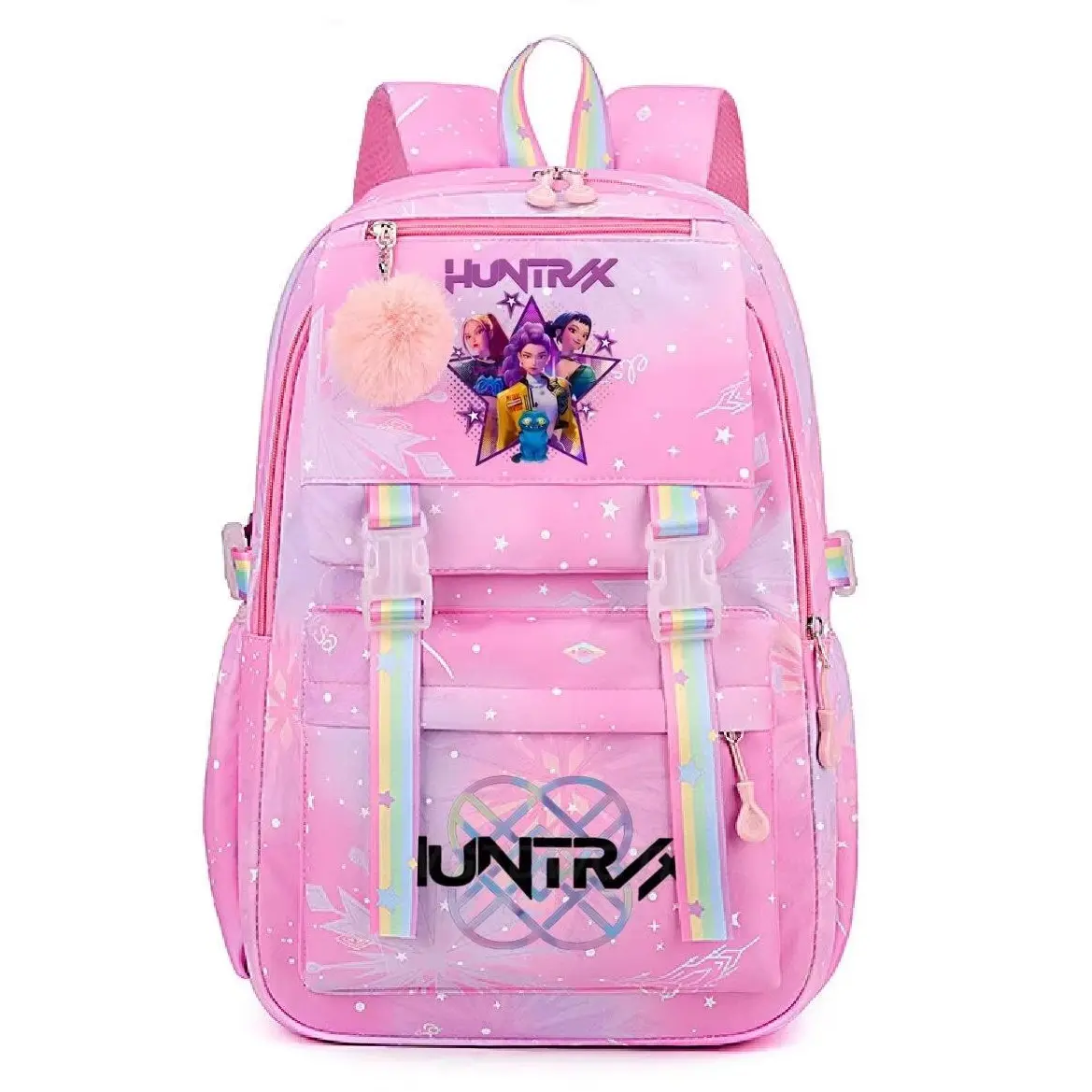 Kawaii Aesthetic Girls' School Backpack, Lightweight Student Gym Shoulder Bag with Padded Straps, Fits A4 Books & 14in Laptop, Cute Fluffy Pom Pom