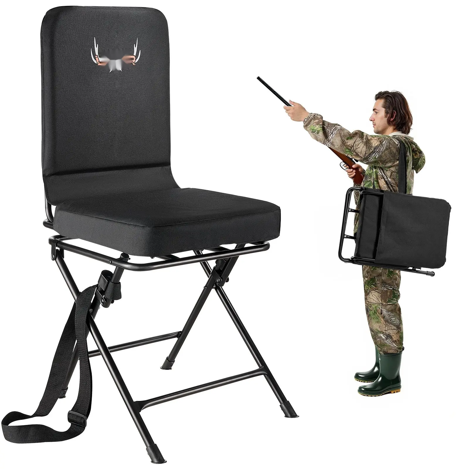 Hunting Chair 360° Swivel Silent Foldable Blind Chair With Steel Frame Backrest For Outdoor Hunting And Wildlife Observation, Portable Lightweight Seat, Camouflage, Foldable, Non-Slip Feet, Padded Back Support