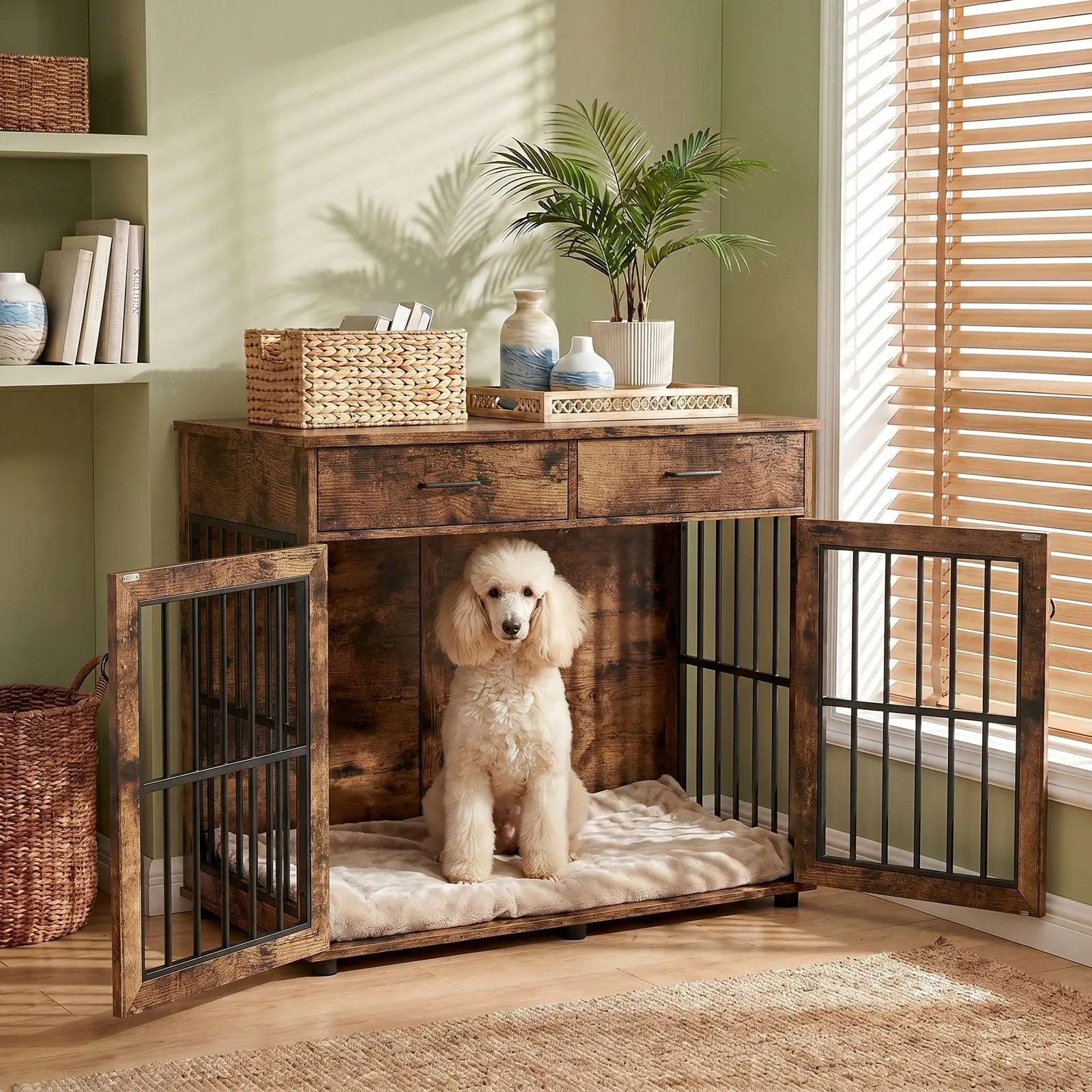 VOWNER 43.3 Inch Large Dog Crate Furniture, Wooden Dog Kennel Furniture End Table with 3 Doors, Dog Cage Indoor with 2 Storage Drawers, XL Dog Crate Table for Large Medium Dogs