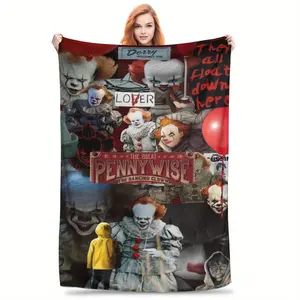 Pennywise Clown Print Flannel Throw Blanket, Soft Cozy, All-Season, Machine Washable, Contemporary Style, Perfect for Sofa, Office, Bed, Camping, 250-300g Polyester Fabric, Digital Print, No Embellishments 651