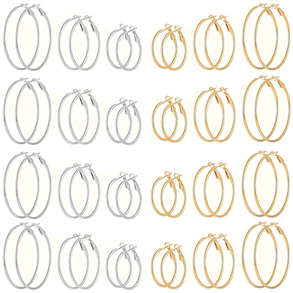 24 Pairs Stainless Steel Golden Silvery Plated Hoop Earrings for Women Girls, Hypoallergenic Hoops Women's Earrings Loop Earrings Set