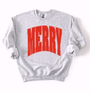 Merry Oversized Print Christmas Sweatshirt Graphic Sweater Casual Fleece Fabric Crewneck Pullover Trendy Tops Collection for Unisex, Perfect Gift