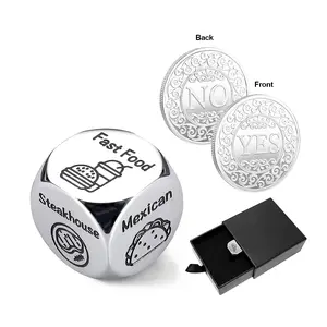 Durable Food Decision Dice Decider & Yes/No Coin, 1 Set Creative Stainless Steel Dice with Gift Box, Metal Dice Set, Party Favors for Men & Women, Gift for Friend