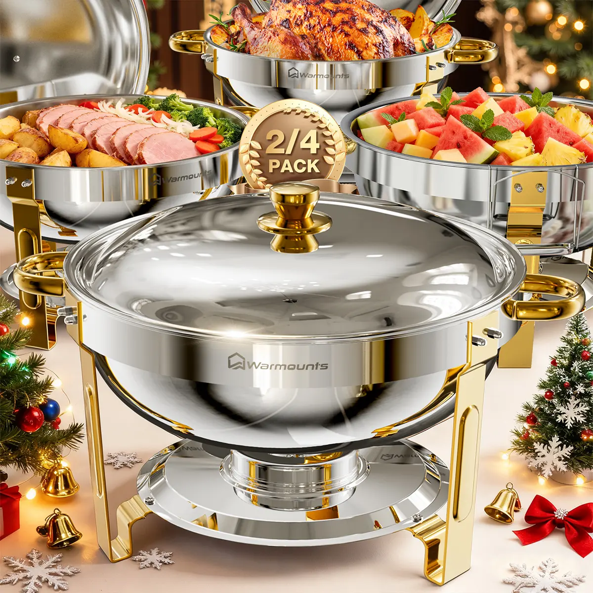 Dealsforyou WARMOUNTS Dual-Tone Gold 5QT Capacity Detachable Round Chafing Dishes (2/4/6 Pack) - Mirror Polish Stainless Steel Buffet Chafer & Warmer Set with Lid Holder, Rolled Rim for Catering, Weddings, Food Warmers, Refined Elegance