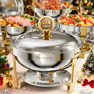 WARMOUNTS Gold Chafing Dishes for Buffet (5QT, 2/4/6 Pack), Round Chafer and Warmer Set with Lid Holder, Rolled Rim Process (No Finger Cuts), Mirror-Polished Stainless Steel, for Catering, Party, Wedding