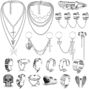 FINREZIO 19PCS Punk Chain Rings+ Layered Chain Necklace Set for Women Men, Cool Goth Punk Vintage Stackable Open Finger Rings Statement Pendant Choker Necklace Emo Y2K Jewelry nugget ring promise rings gf wedding ring set vintage jewelry initialnecklace