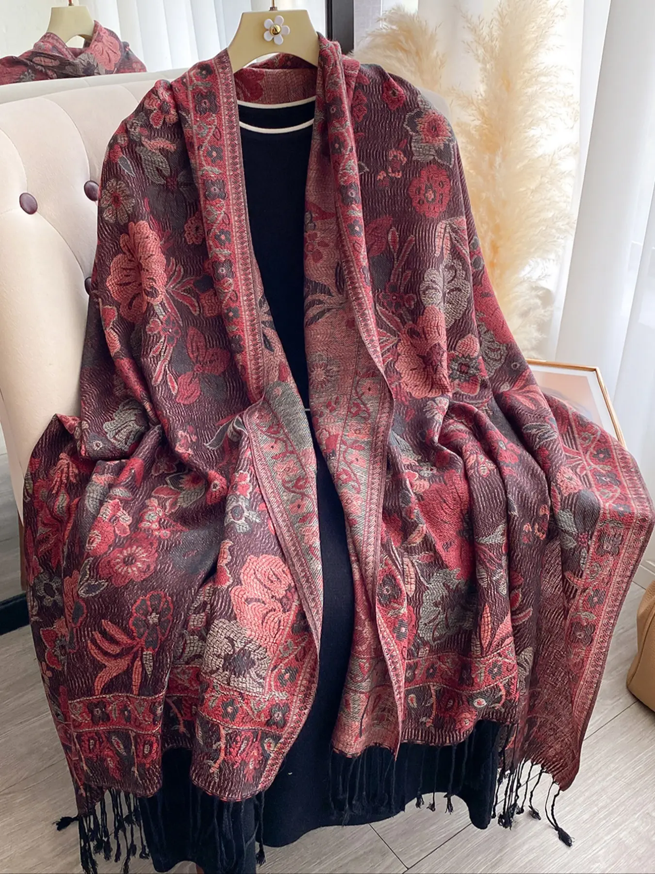 Elegant Boho Style Pashmina Scarf, Long Fringe Print Shawl, All-Season Woven Fabric, Beautiful Paisley Pattern Design, Casual Soft Scarf, Fashion Shawl Wrap