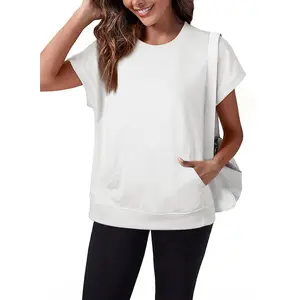 Shewin 2026 Spring/Summer Women's Casual Sleeveless Sweatshirt - Solid White Round Neck Loose Fit Top with Kangaroo Pocket and Ribbed Trim for Daily Wear