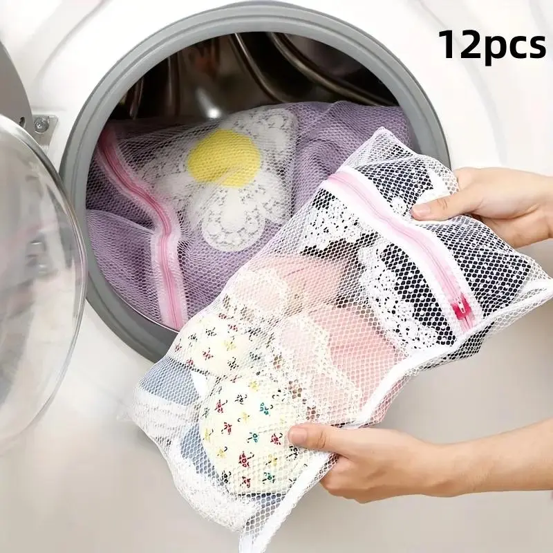Laundry Bag Set, 12pcs Thick Mesh Washing Bag, Wash Bags, Suitable for Washing Clothes, Shirts, Bras, Socks, Stockings, Underwear, Home Goods, Laundry Products