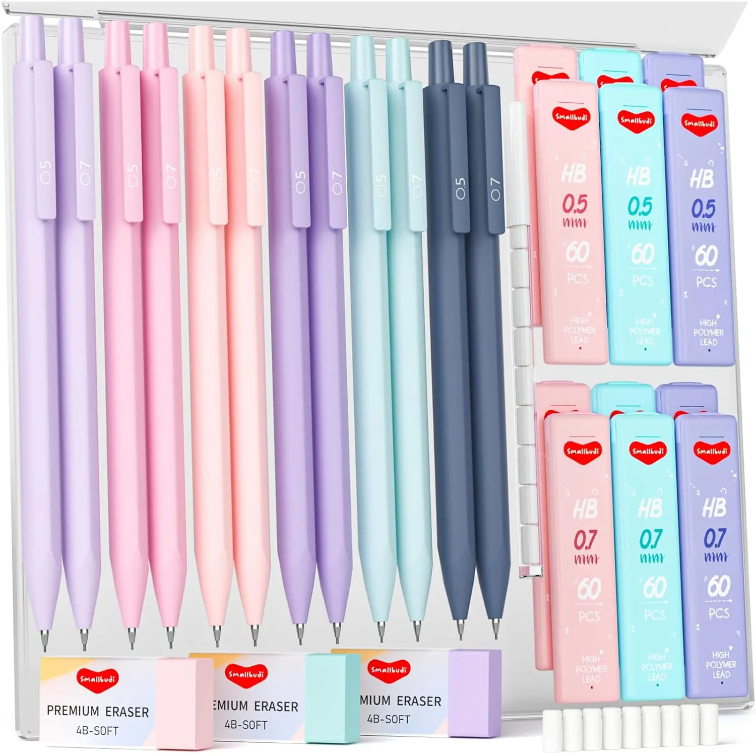 Smallbudi 12PCS 0.5 & 0.7 mm Mechanical Pencils Set with Case, Cute Pastel Mechanical Pencil with 720PCS HB Lead Refills, 3 Erasers, Aesthetic Back to School Supplies for Student Writing Drafting