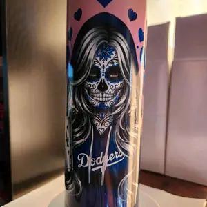 Los Angeles Baseball Dodgers Sugar Skull Design Tumbler with Heart Accents and Blue and Pink Color Scheme