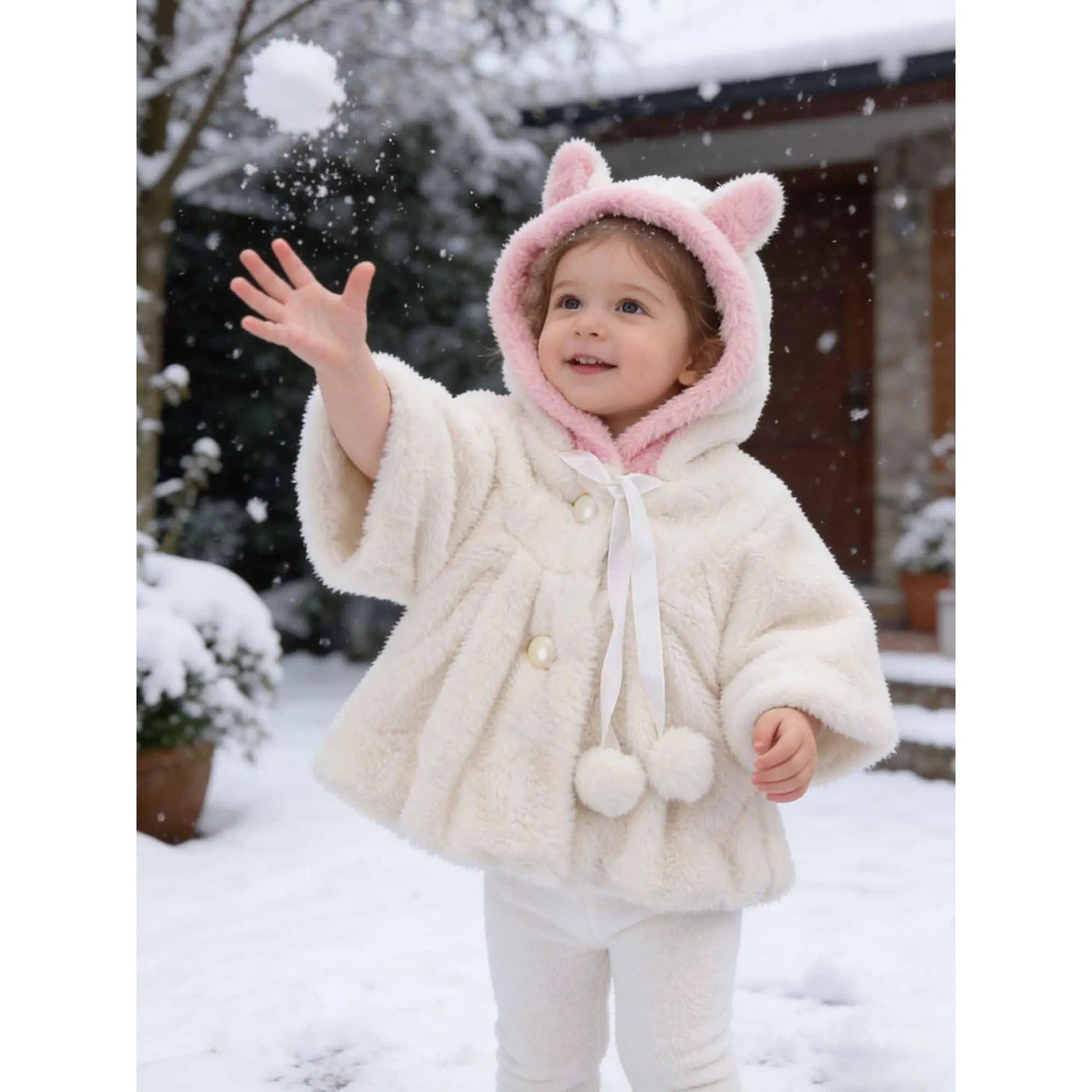 CPZVUCAK Baby Girl Faux Fur Coat Pearl Button Bow Cute Bunny Ear Hooded Outwear Thick and Warm Jacket