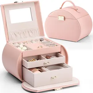 VLANDO Classic Princess-Style Round Eco-Friendly Jewelry Organizer, 3-Layer Jewelry Box with Mirror & Drawers, Home Storage Case for Teens (Valentine's Day Gift)
