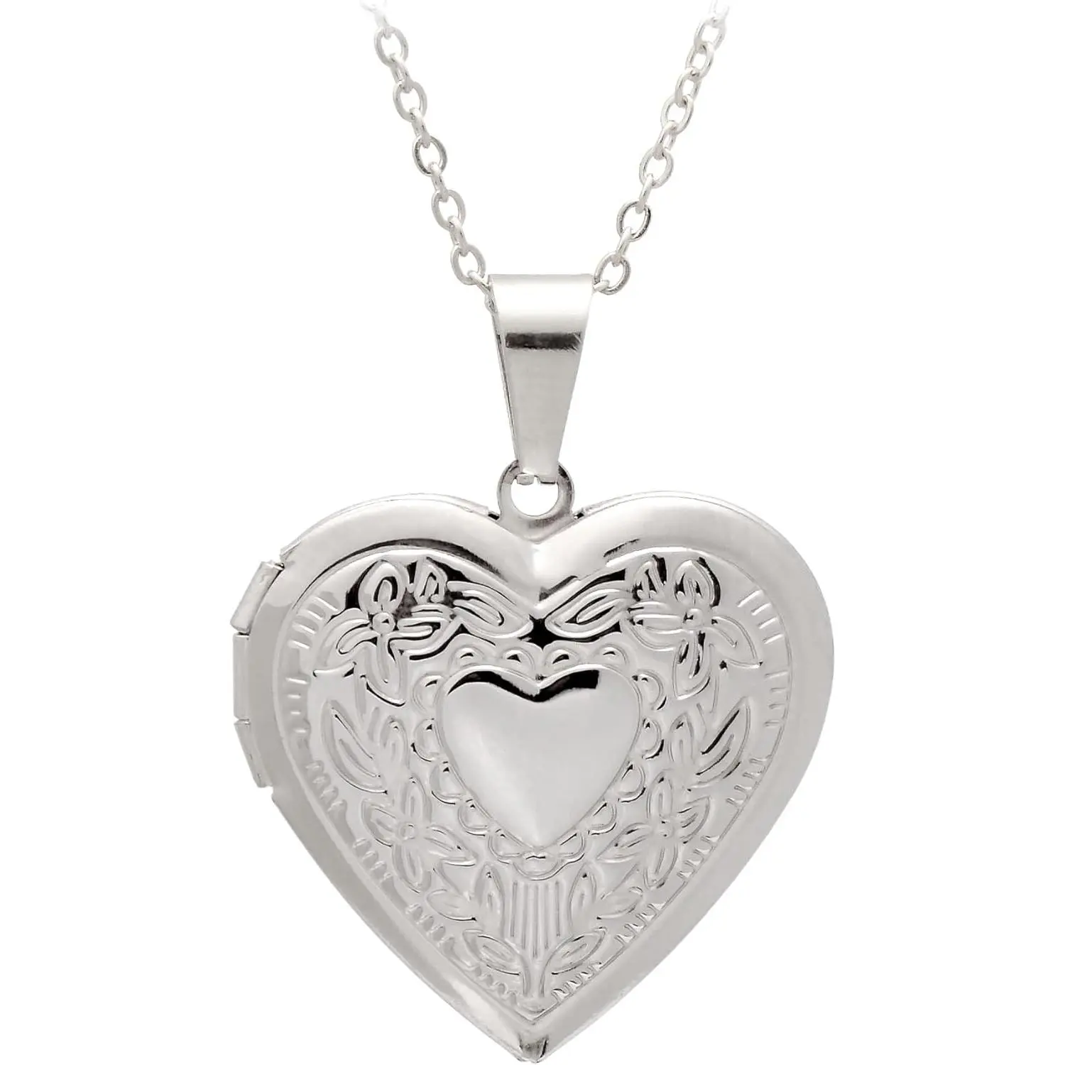 Heart Locket Necklace for Women, Polished Stainless Steel with Engraved Floral Pattern, Holds Photos, Adjustable 17+2" Chain, Jewelry Accessories, Heart Design Necklace