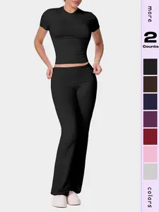 Women's Y2K Style Two-Piece Fitted Basic Casual Set, Includes Waist-Cinching Flared Pants and Short Sleeve Top, Trendy Fashion for Summer Womenswear