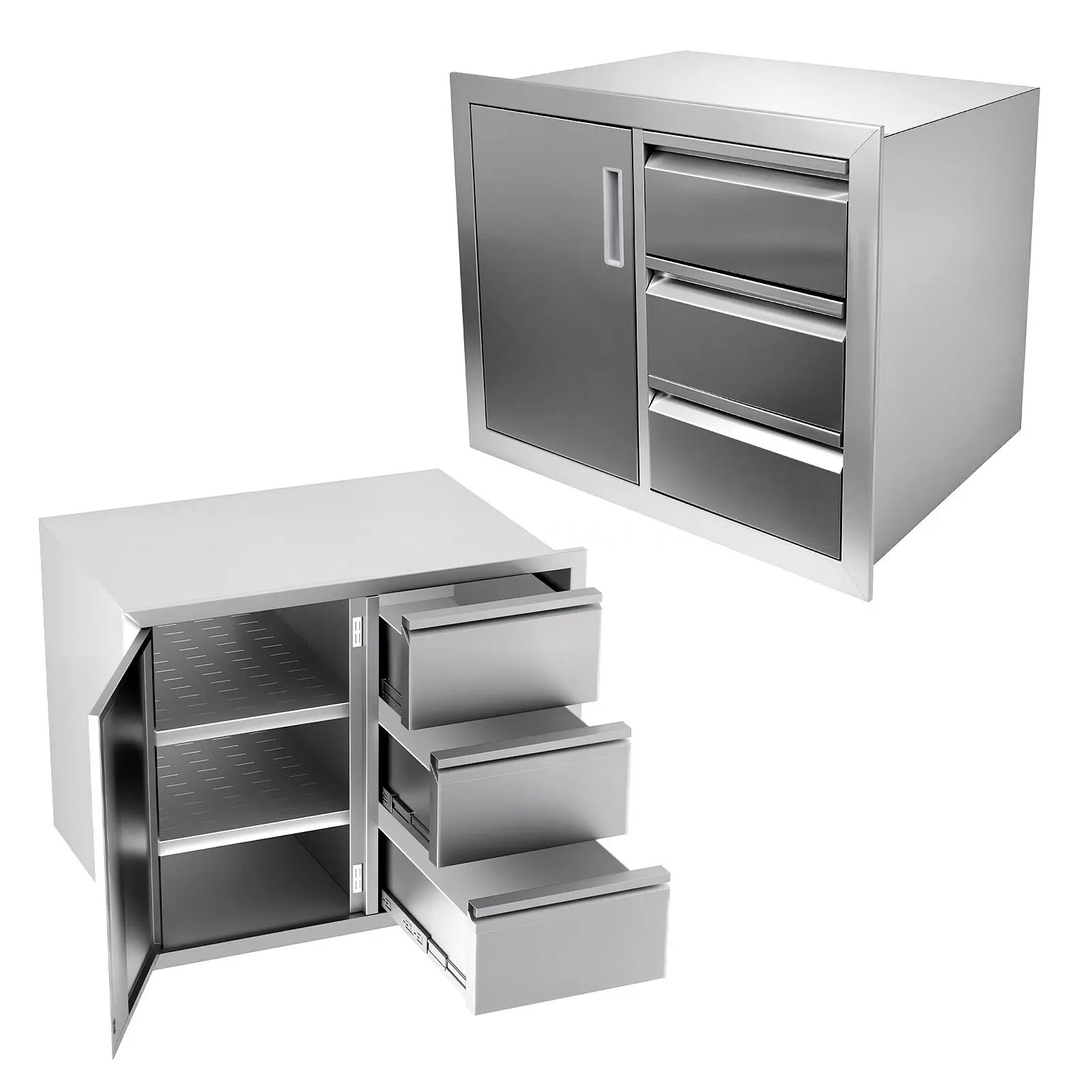 28"×19.1"×22" Outdoor Kitchen Cabinets, 304 Stainless Steel Cabinet, No Assembly Flush Mount Outdoor Kitchen Drawers Combo with Silent Triple Drawers & Access Door for BBQ Island Indoor Kitchen