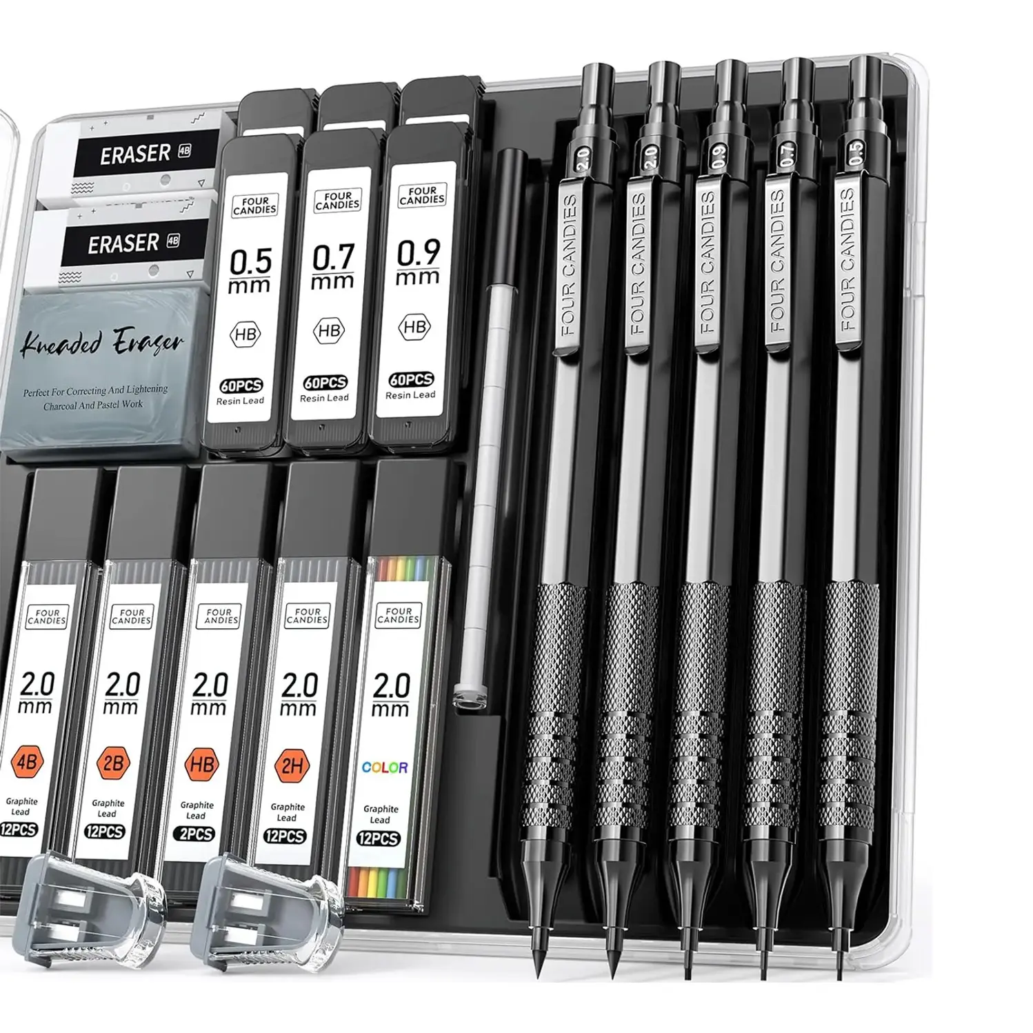 Four Candies Back to School 5PCS Metal Art Mechanical Pencil Set 3PCS Drafting Pencils 0.5 0.7 0.9MM & 2PCS 2MM with 420PCS Leads for Writing Sketching Drawing School Stationery Set,back to school,back to school haul