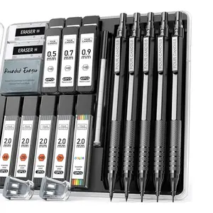 Four Candies Back to School 5PCS Metal Art Mechanical Pencil Set 3PCS Drafting Pencils 0.5 0.7 0.9MM & 2PCS 2MM with 420PCS Leads for Writing Sketching Drawing School Stationery Set