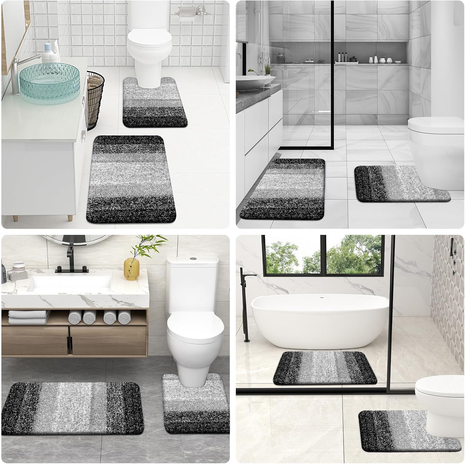 3‑Pieces Gradient Bathroom Rugs Set, Shaggy Absorbent Bath Mats with Non‑Slip Backing, Machine Washable Decorative Area Rugs for Bathroom & Kitchen