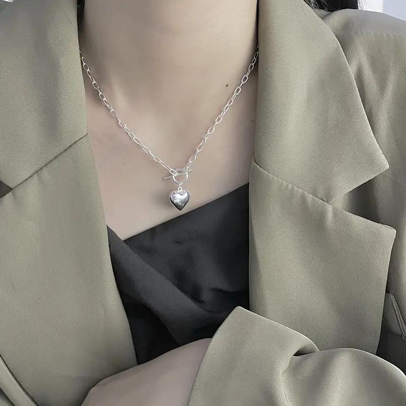 Easter Gift for her, Silver Heart-Shaped Pendant Necklace, Romantic Clavicle Chain with OT Buckle Design, Ideal Daily Wear for Girls & Women