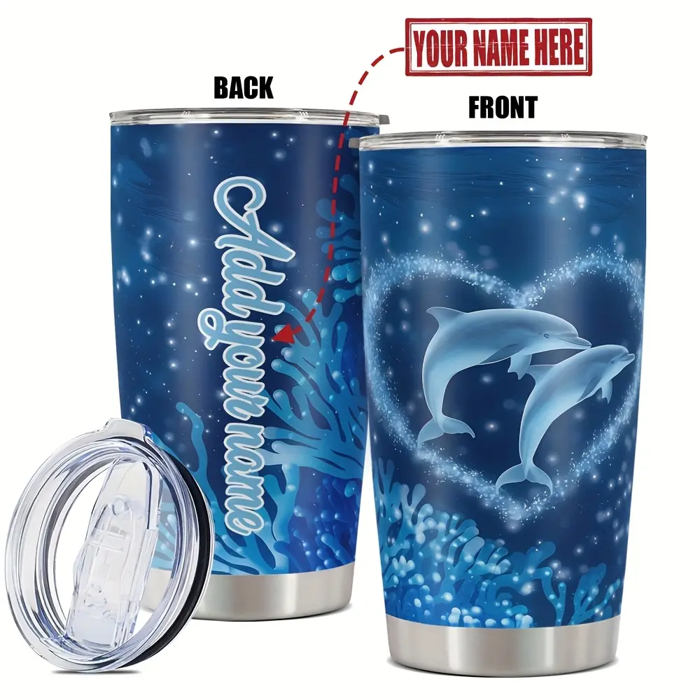 Personalized Tumbler 20oz, Dolphin Print Stainless Steel Mug with Double Wall Insulation, Leak-proof Lid, Gift for Friends & Daily Use, Coffee